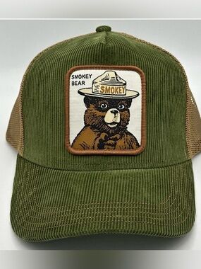 NWT MAD Engine Smokey The Bear Patch Corduroy Trucker Hat.  Men or women